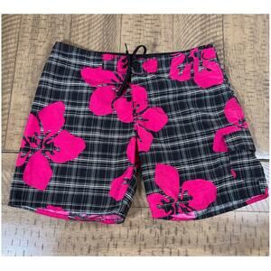 Womens Board Shorts Black Pink Floral Hawaiian Plaid Swim Shorts Medium